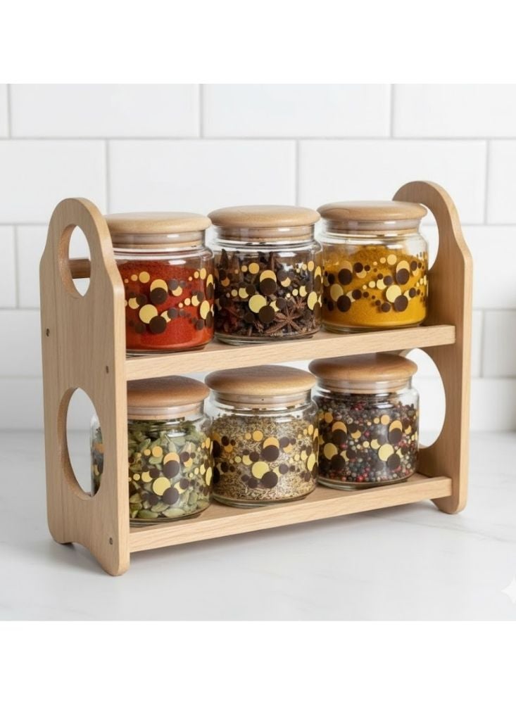 بريميم رف توابل خشبي مع أوعية زجاجية – مجموعة من ستة برطمانات لتخزين أدوات المطبخ - Image 2